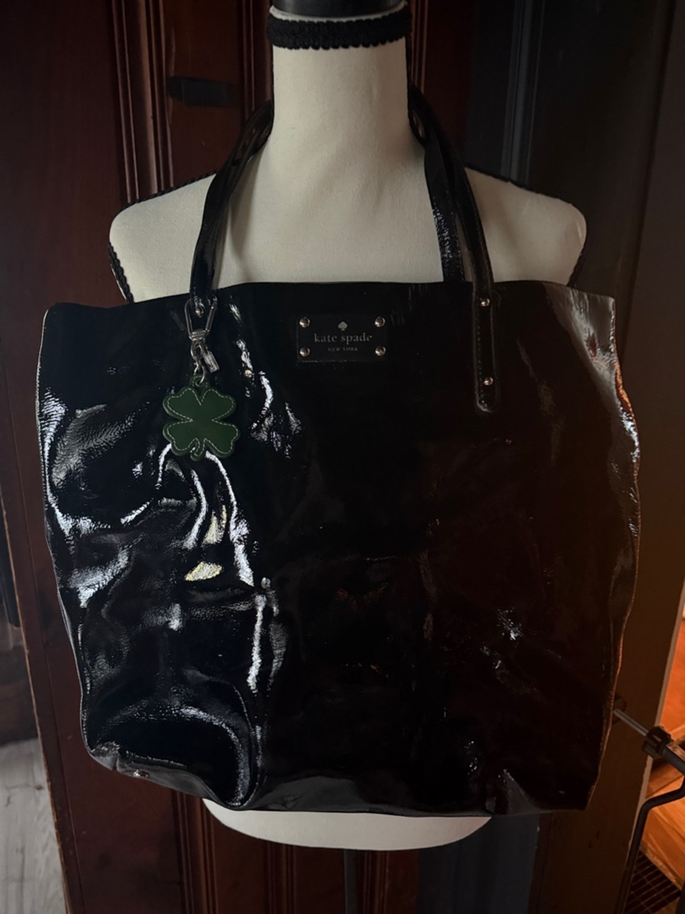 kate spade Black Patent Tote with Green Clover Charm